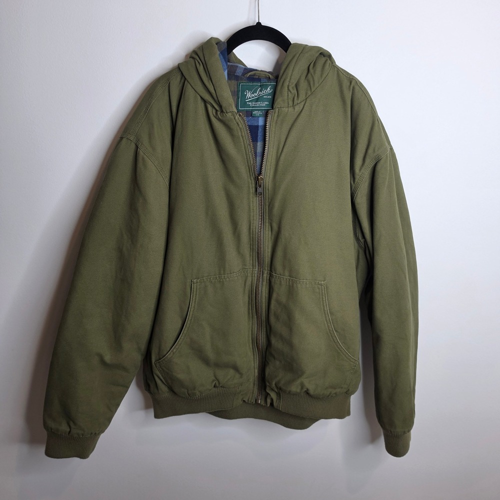 Woolrich Hooded Jacket Mens Large Green Canvas Plaid Lined Bomber Coat